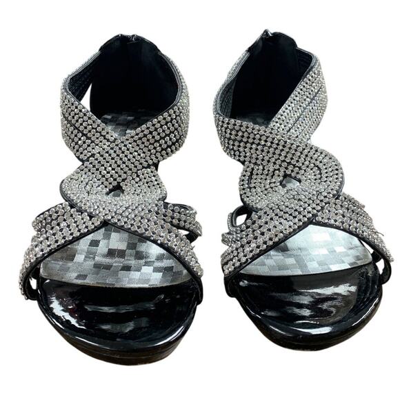 Delicacy Womens Size 9 Silver Rhinestone on Shiny Black Open Toe 3" Heel Shoes - Picture 5 of 6